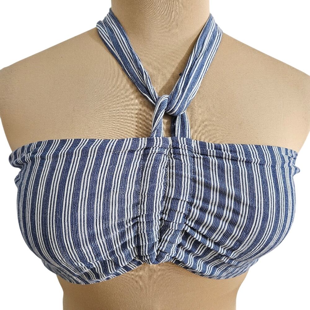New‎ Red Carter Bandeau Crop Top Medium Blue White Smocked Back Halter Tie Neck